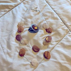 Silver and brown necklace and ring